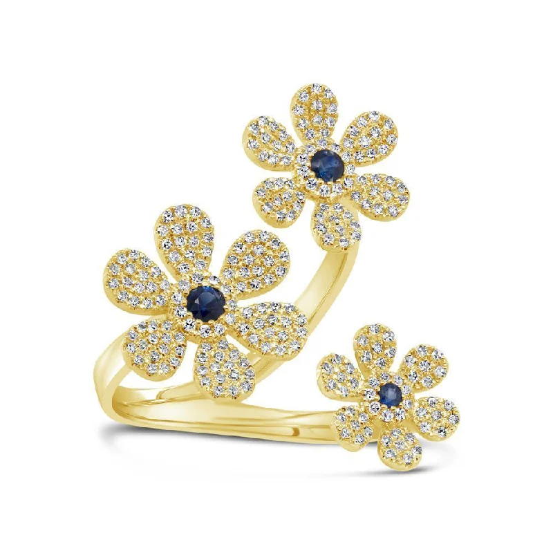 Heart stone engagement rings-14KT GOLD 0.65 CTW SAPPHIRE & DIAMOND PAVÉ 3 FLOWER RING