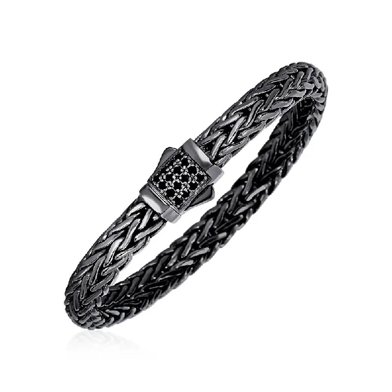 High link bangles-Woven Rope Bracelet with Black Sapphire and Black Finish in Sterling Silver