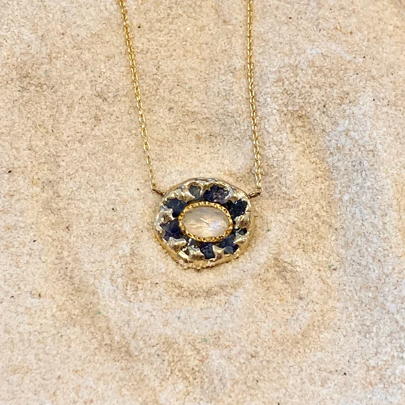 Tide wave necklaces-Luna 14K Gold Raw Sapphires and Faceted Moonstone Necklace