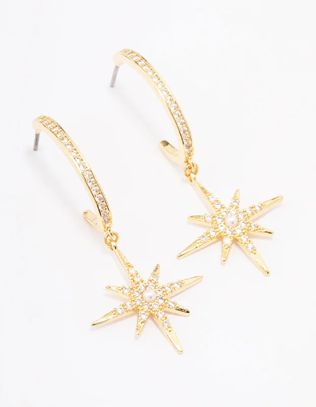 Smooth drop earrings-Gold Plated Long Celestial Drop Earrings