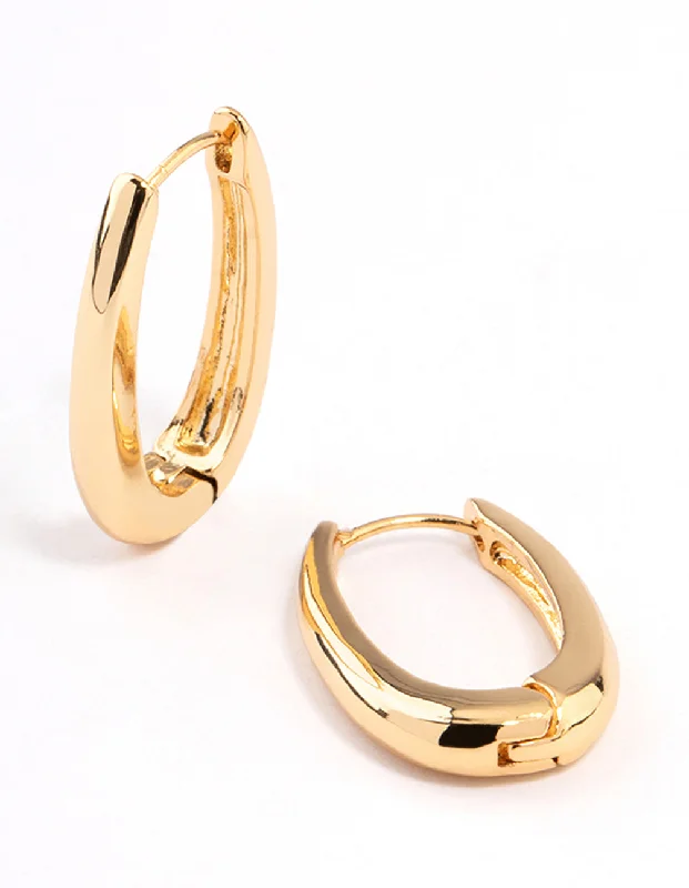 Bead braid earrings-Gold Plated Long Oval Plain Huggie Earrings