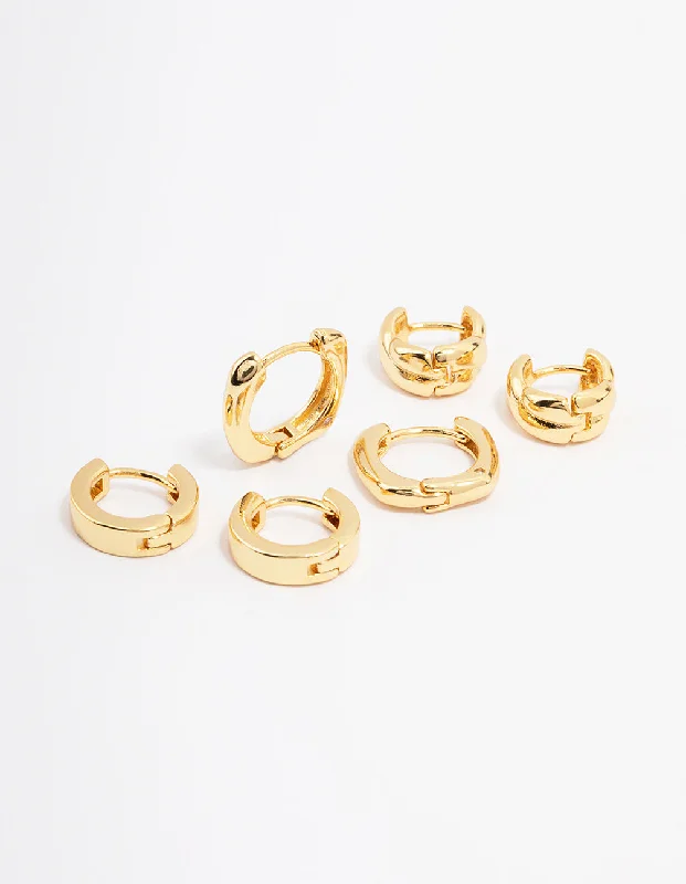 Onyx drop earrings-Gold Plated Brass Chunky Rope Huggie Hoop Earring 3-Pack