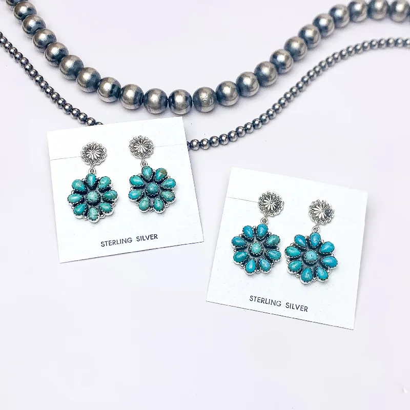 Thai tile earrings-Hada Collection | Handmade Sterling Silver Circle Cluster Flower Stud Earrings with Kingman Turquoise Stones