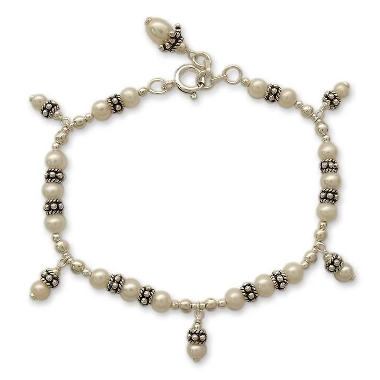 Tiny stack bangles-Handmade Sterling Silver 'Forever' Pearl Bracelet (3-6 mm) (India)