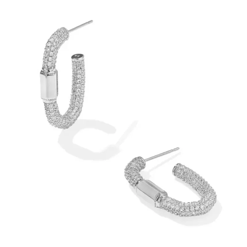 Curved design earrings-Kendra Scott | Emery Silver Hoop Earrings in White Crystal