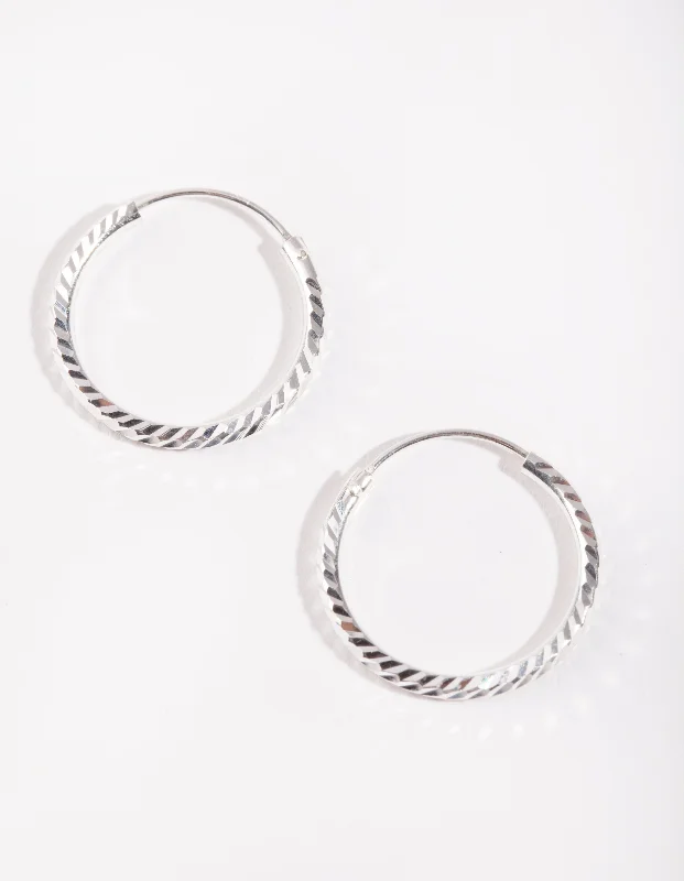 Bamboo style earrings-Sterling Silver 20mm Diamond Cut Hoop Earrings