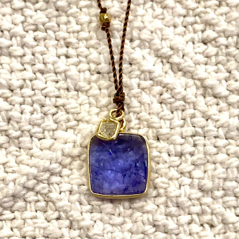 Wide link necklaces-One of a Kind 14K Gold Framed Tanzanite with Diamond on Cord Necklace