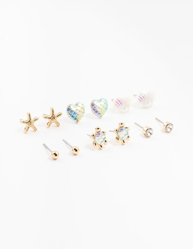 Vivid gem earrings-Kids Gold Sea Theme Stud Earrings 6-Pack