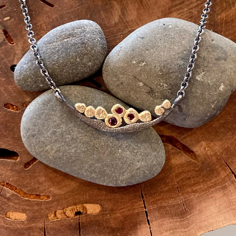 Art deco necklaces-18K Textured Gold Pebbles and Rubies Oxidized Sterling Silver Bridge Necklace