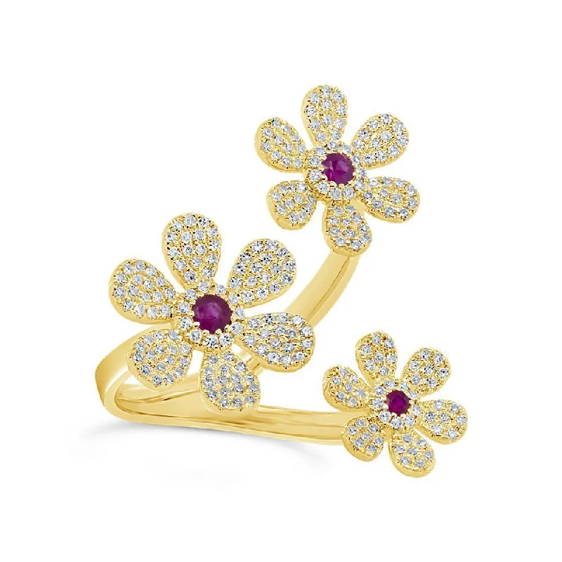 Open shank engagement rings-14KT GOLD 0.66 CTW RUBY & DIAMOND PAVÉ 3 FLOWER RING