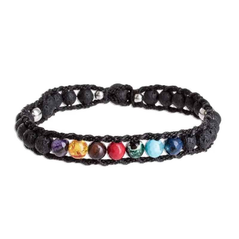 Subtle accent bangles-NOVICA Planet Colors in Black, Men's glass and lava stone beaded macrame bracelet