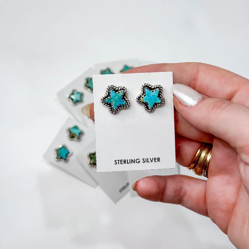 Bow knot earrings-Hada Collection | Handmade Sterling Silver Star Shaped Stud Earrings with Kingman Turquoise Stones