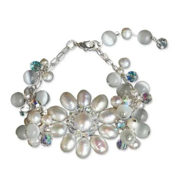 Round shape bangles-Silver Pearl 'Snow Blossom' Floral Bracelet (3-8 mm)