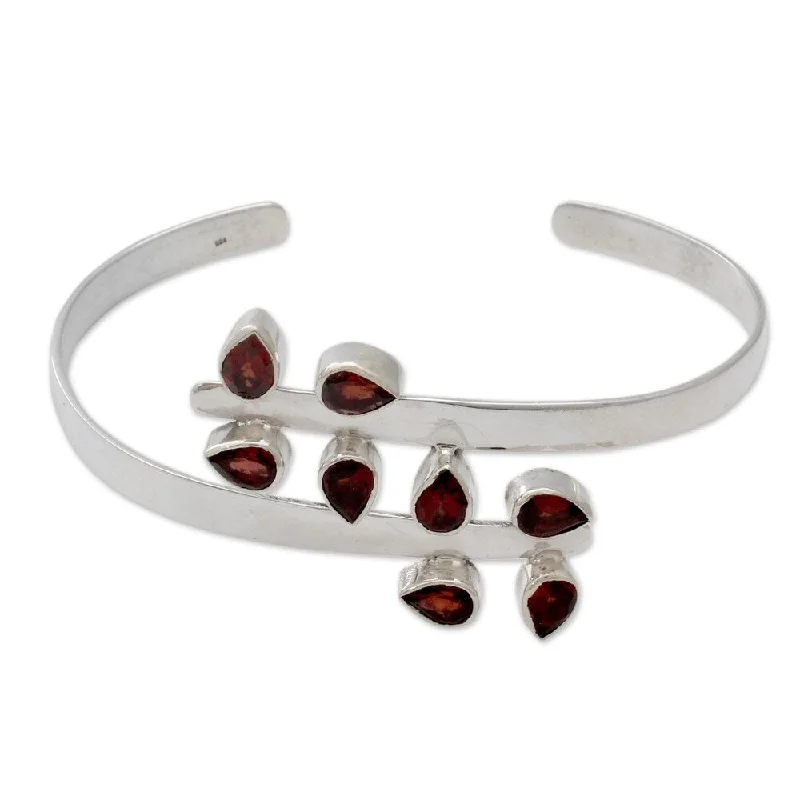 Dusk gothic bangles-Sterling Silver 'Red Forest Fern' Garnet Bracelet