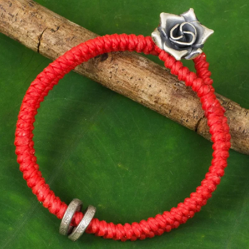 Bead trim bangles-Handmade Silver 'vermilion Rose' Bracelet (Thailand)