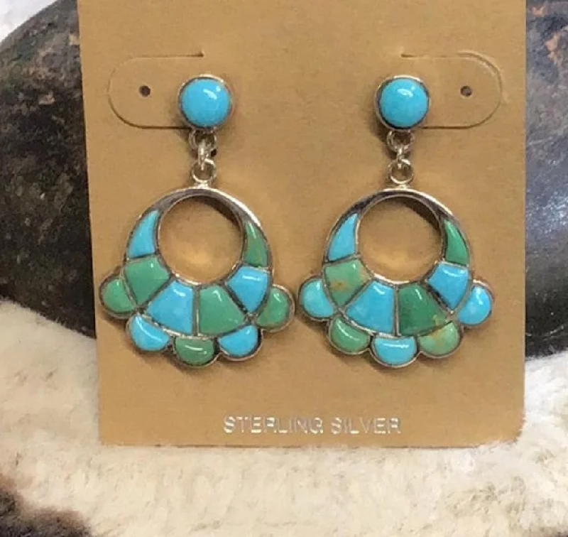 Light clay earrings-Blue Green Turqoise Inlay Hoop Dangle Earrings