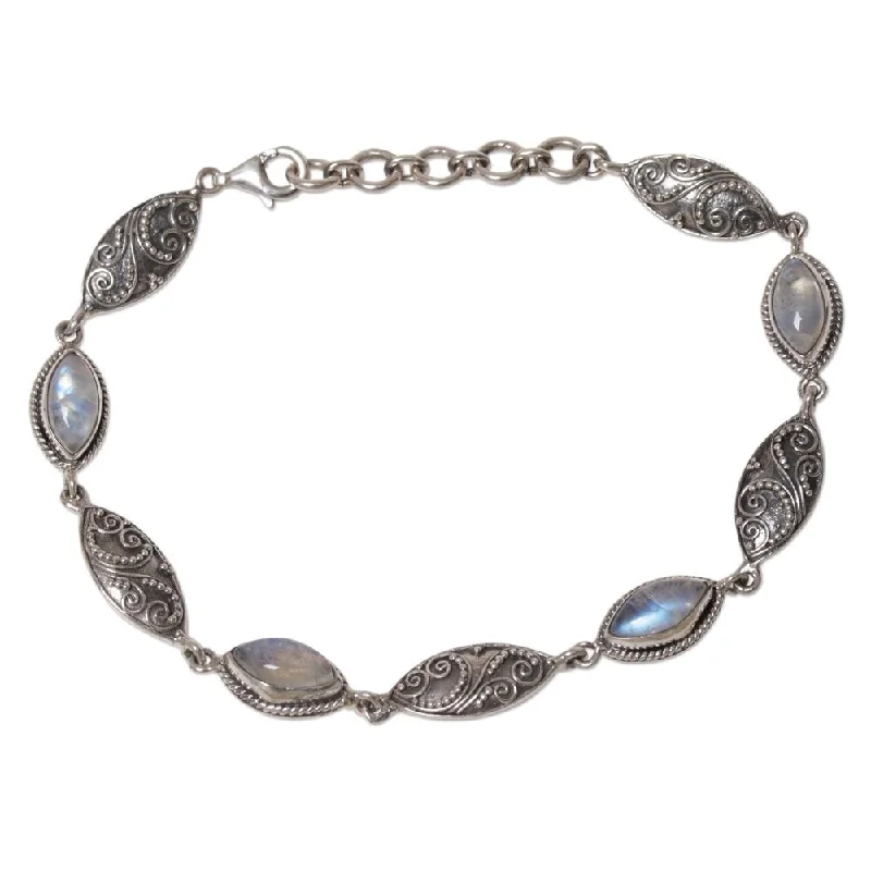 Bead trim bangles-Handmade Sterling Silver Rainbow Moonstone Link Bracelet, 'Rainbow Putri Nari' (Indonesia)