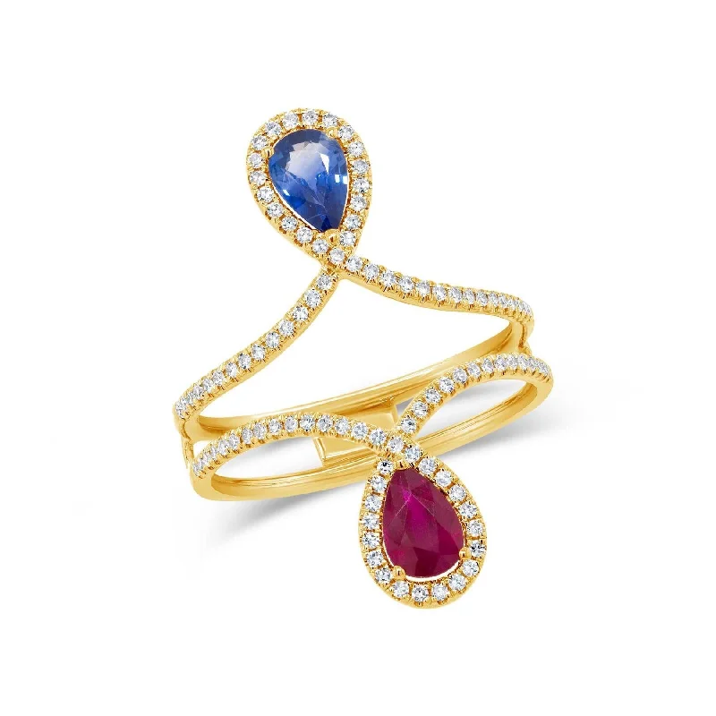 Round cut engagement rings-14KT GOLD 0.30 CTW DIAMOND & 0.99 CTW RUBY & BLUE SAPPHIRE RING