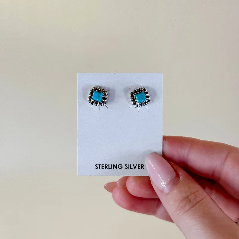 Radiant star earrings-Hada Collection | Handmade Sterling Silver Square Kingman Turquoise Stud Earrings