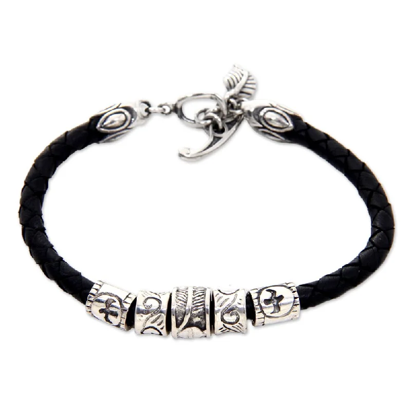 Textured metal bangles-Handmade Leather Sterling Silver 'Open Tribal Scroll' Bracelet (Indonesia)