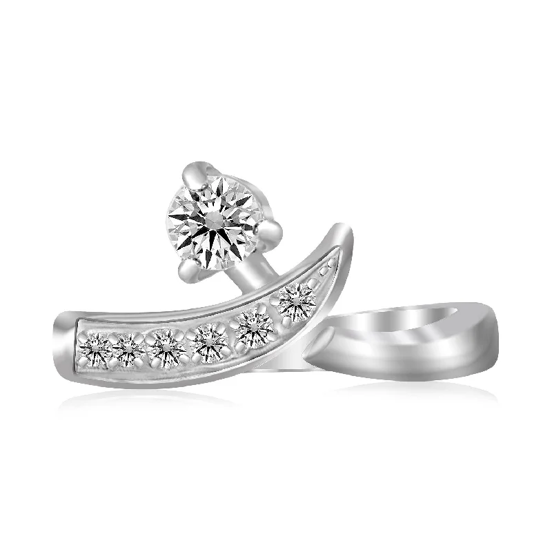 Wide band engagement rings-Sterling Silver Rhodium Plated Crossover Cubic Zirconia Accented Toe Ring