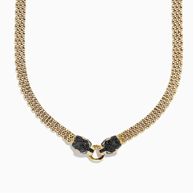 Fiber fringe necklaces-Signature 14K Gold Black Diamond and Emerald Panther Necklace, 1.27