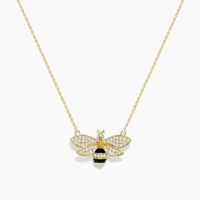 Thick chain necklaces-Nature 14K Yellow Gold Diamond and Yellow Sapphire Bee Necklace