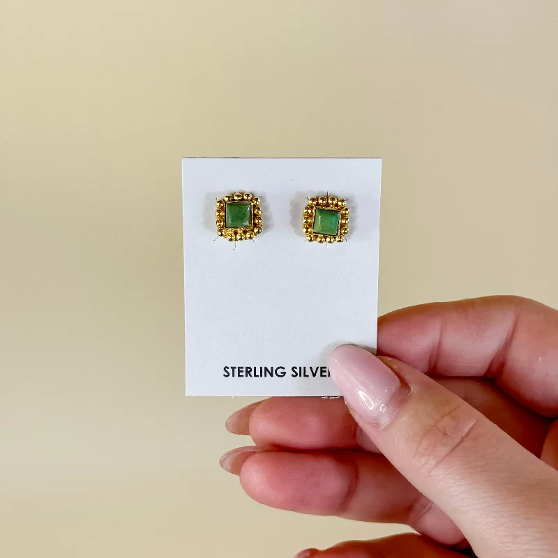 Amethyst stud earrings-Hada Collection | Handmade Sterling Silver 14K Gold Square Kingman Turquoise Stud Earrings