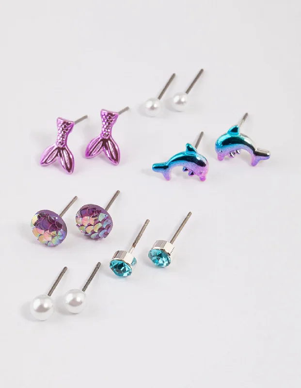 Victorian flair earrings-Kids Silver Dolphin Stud Earrings 6-Pack