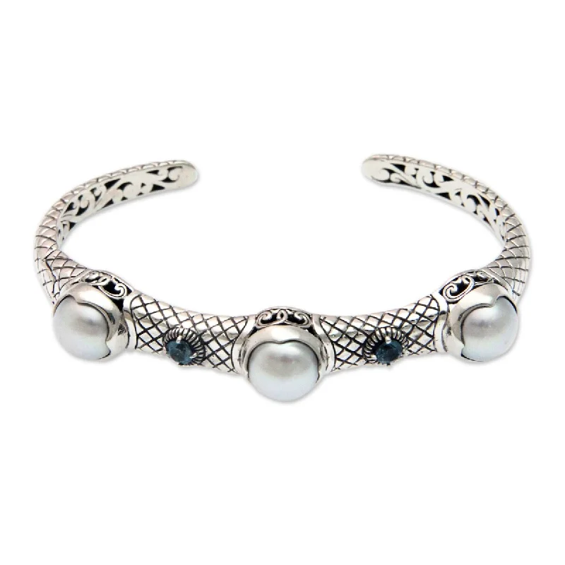 Heavy cuff bangles-NOVICA Three Moons, Cultured pearl and blue topaz cuff bracelet