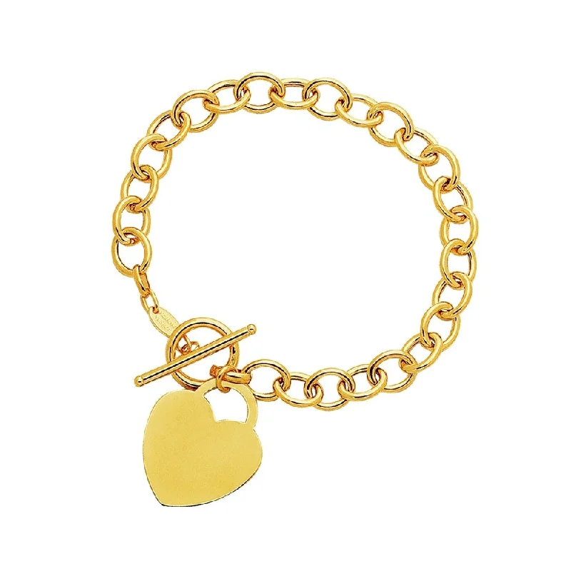 Rustic flair bangles-Toggle Bracelet with Heart Charm in 14k Yellow Gold