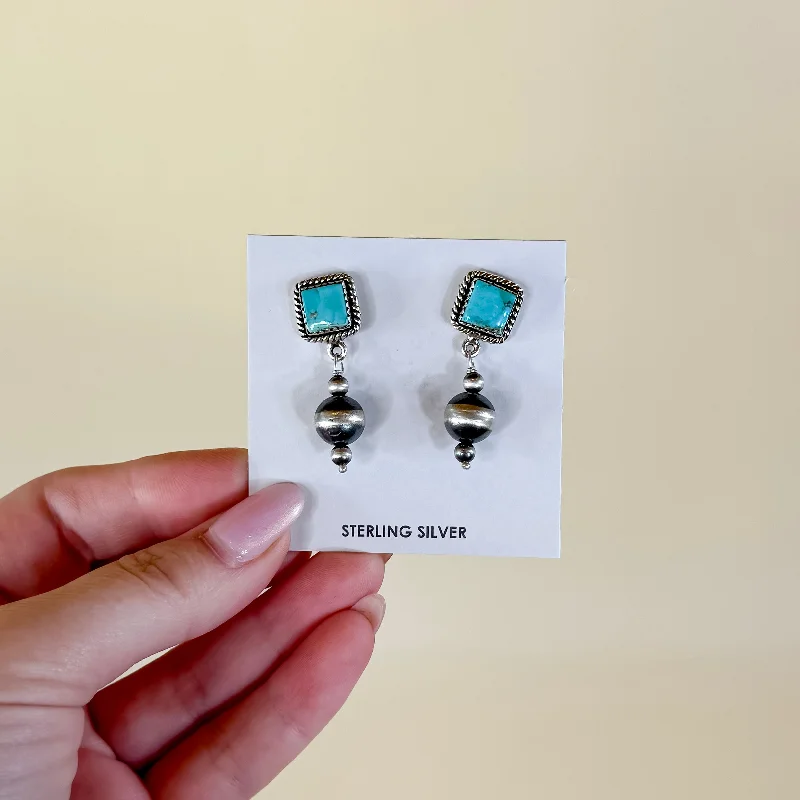 Surf motif earrings-Hada Collection | Handmade Sterling Silver Kingman Turquoise and Navajo Pearl Drop Earrings