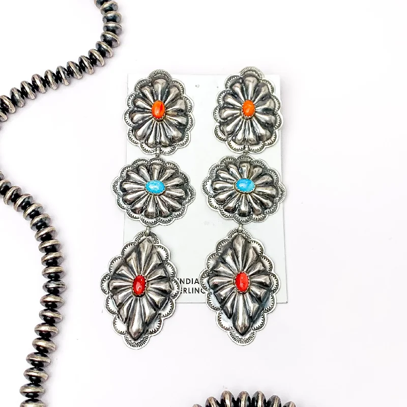 Fine heart earrings-RL Begay | Navajo Handmade Sterling Silver Concho Drop Earrings with Turquoise Red, and Orange Stones