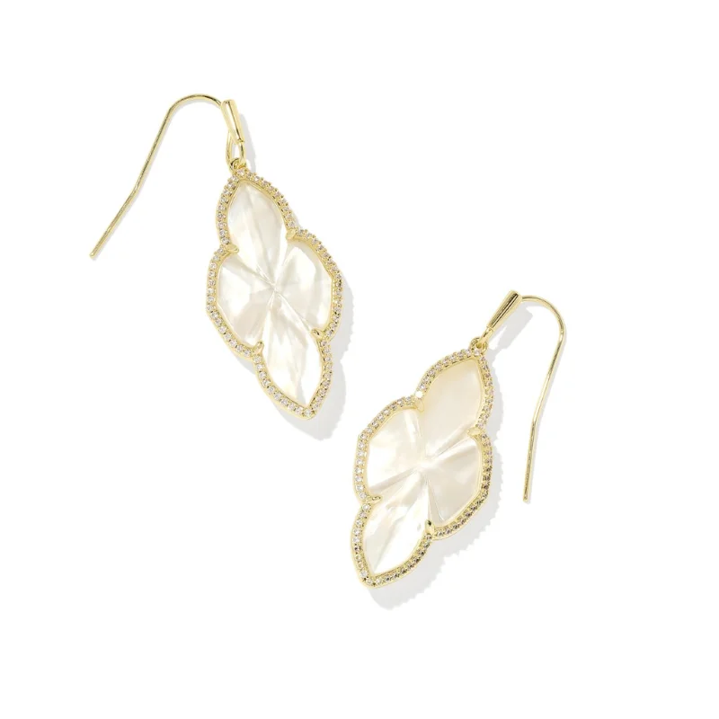 Oak wood earrings-Kendra Scott | Abbie Pave Frame Gold Drop Earrings in Ivory Mother Of Pearl