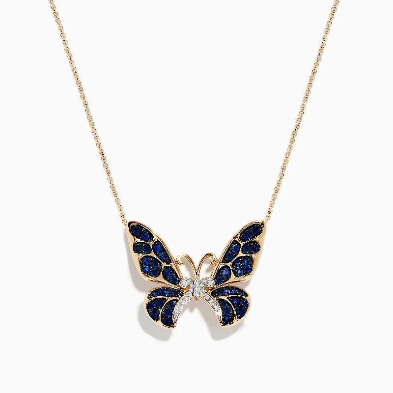 Bright druzy necklaces-Nature 14K Gold Blue Sapphire and Diamond Butterfly Necklace