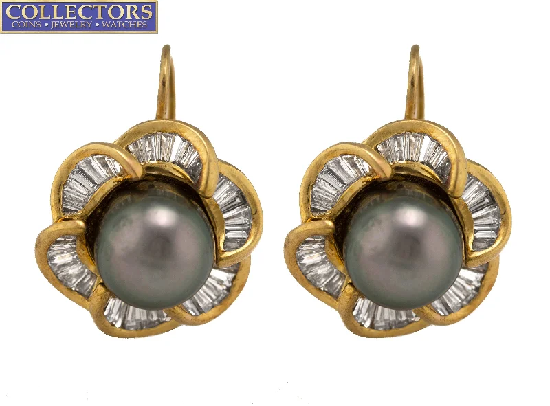 Light clay earrings-Ladies 14K Yellow Gold 0.84ctw Tahitian Pearl Baguette Cut Diamond Drop Earrings