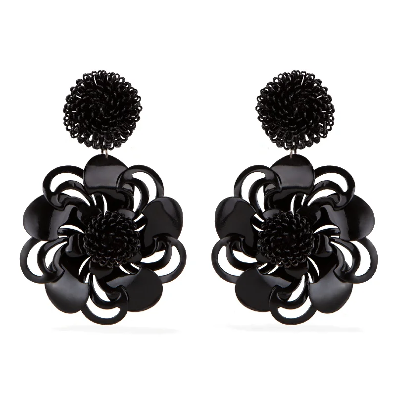 Solid hoop earrings-Black Pompom Flower Earrings