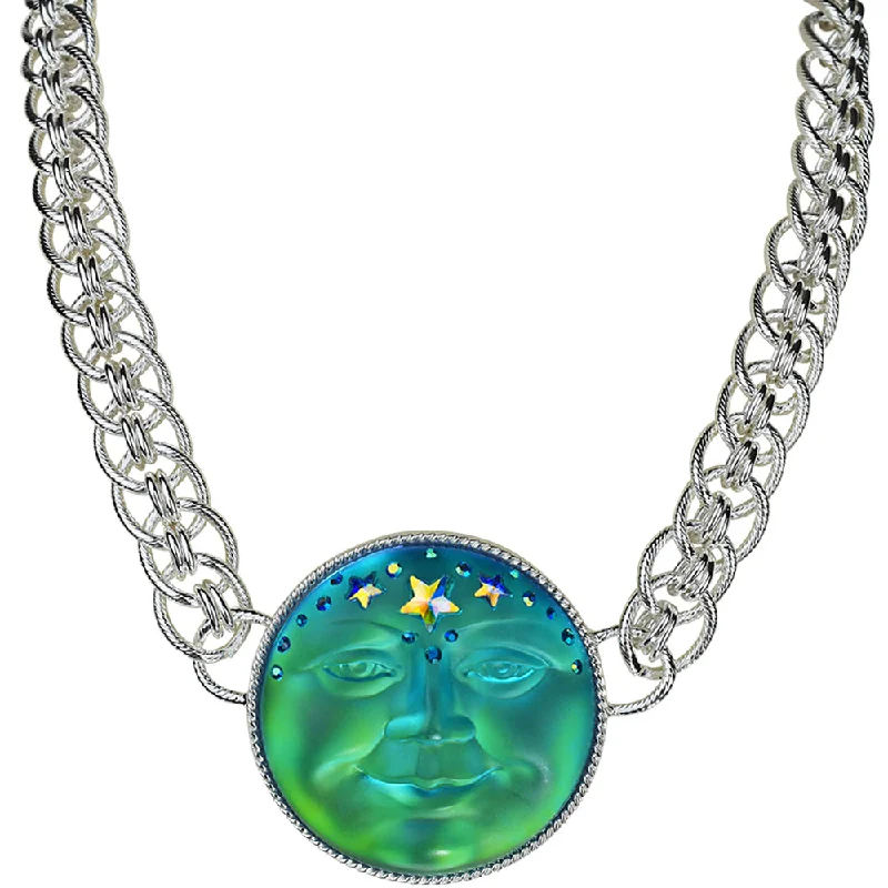 Subtle charm necklaces-Venus Mystic Seaview Moon 50mm Status Chain Necklace (Sterling Silvertone/Mystic Blue Sphinx)