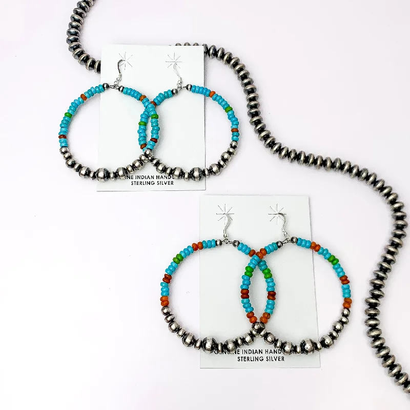 Burnished bronze earrings-Navajo | Navajo Handmade Sterling Silver Navajo Pearl Hoop Earrings with Turquoise, Brown, and Green Beads