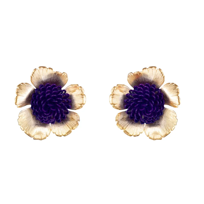 Wanderer feather earrings-Purple Floral Pompom Earrings