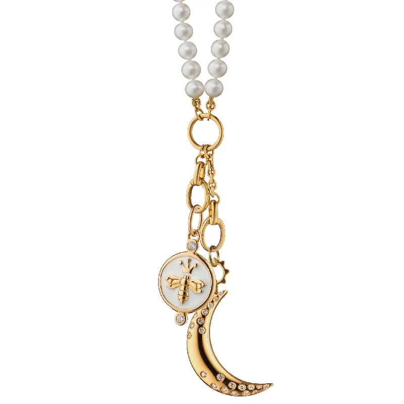 Silk tassel necklaces-"Queen Bee" with White Enamel and "Dream" Moon Pearl Charm Necklace