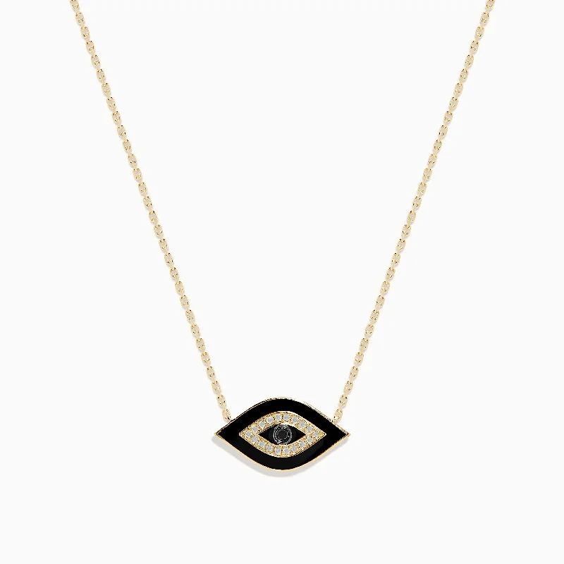 Slanted design necklaces-Novelty 14K Yellow Gold Black Enamel and White Diamond Evil Eye Necklace