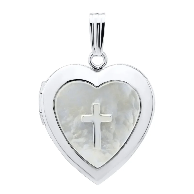 Burnished bronze necklaces-Silver & Mother of Pearl Heart with Cross Locket Necklace 18"