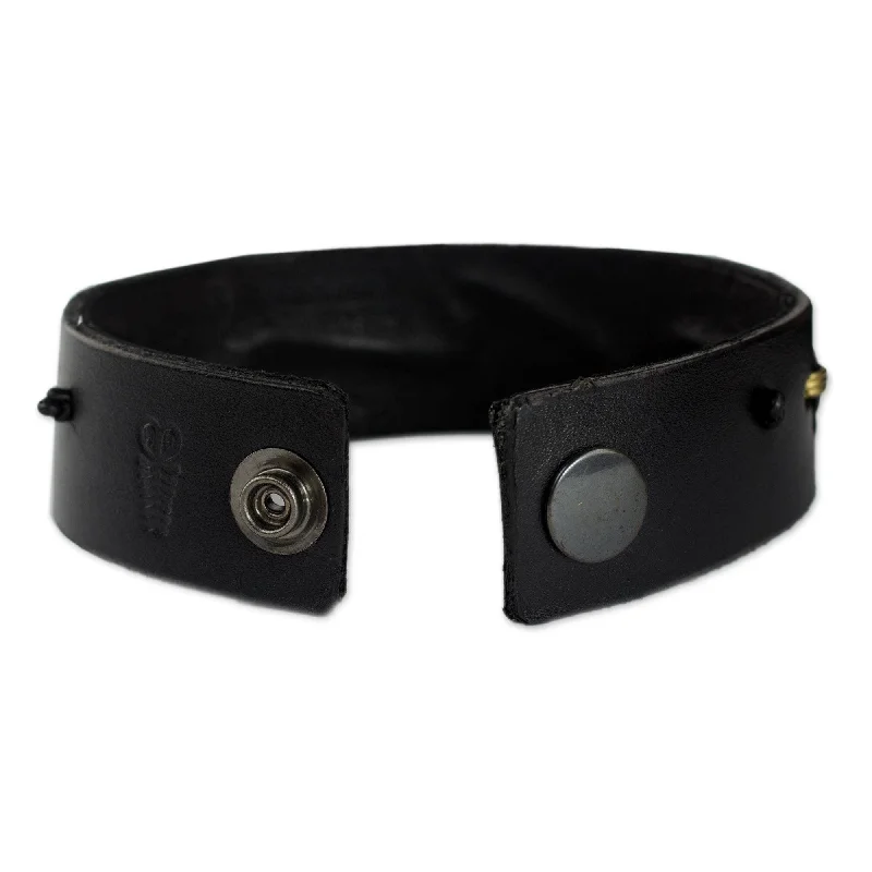 Topaz bangles-Leather Men's 'Hide and Seek in Black' Wristband Bracelet (Ghana)