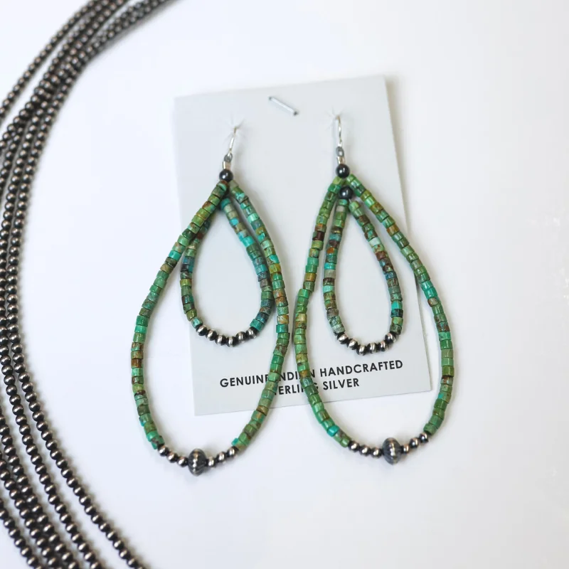 Blended metal earrings-Navajo | Navajo Handmade Double Layered Turquoise Beaded Teardrop Earrings with Sterling Silver Navajo Pearls