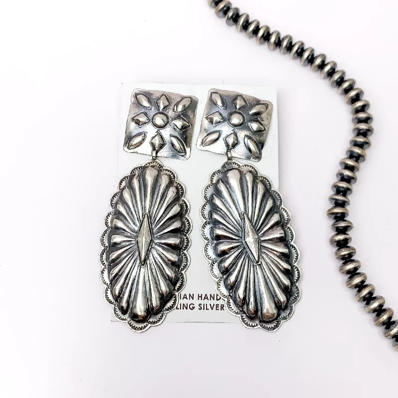 Lily motif earrings-Robert Livingston | Navajo Handmade Sterling Silver Square Concho Post Earrings with Oval Concho Dangle