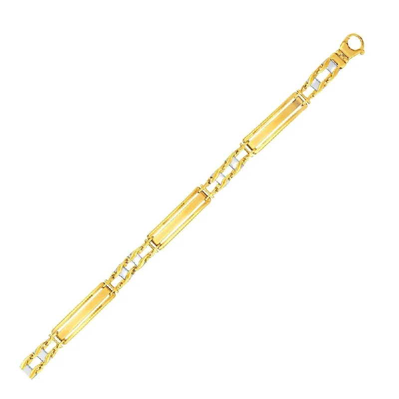 Raven motif bangles-14k Two-Tone Gold Fancy Bar Style Men's Bracelet with Curved Connectors