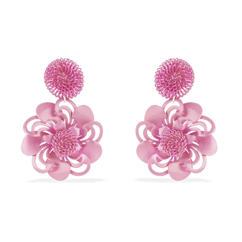 Twine bead earrings-Pink Pompom Flower Earrings