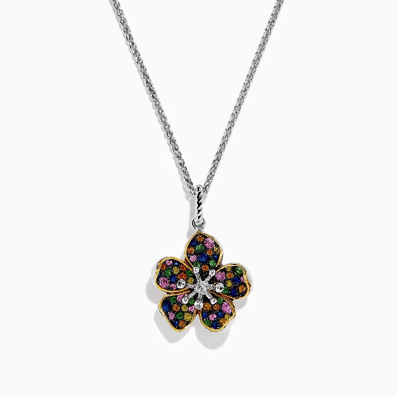 Raven feather necklaces-Splash Sterling Silver Diamond, Sapphires & Tsavorite Flower Necklace