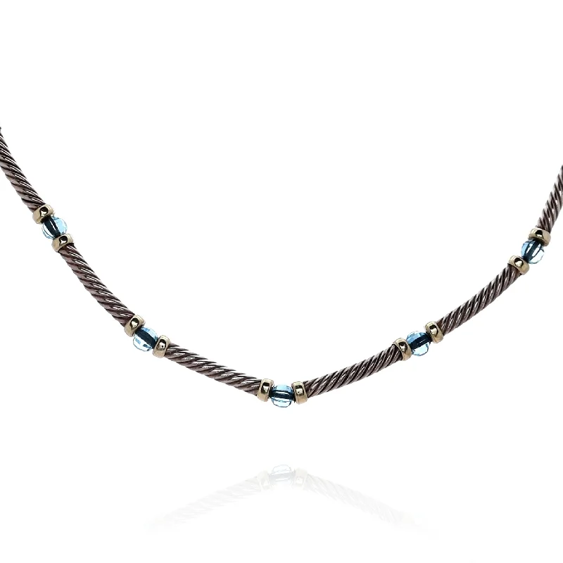 Bead weave necklaces-Estate David Yurman Two-Tone 15.5" Alternating Cable Bar Blue Topaz Station Necklace